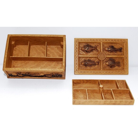 Vintage Fish Fisherman Underwater Scene Composite Embossed Trinket Box Heavy - Picture 3 of 6